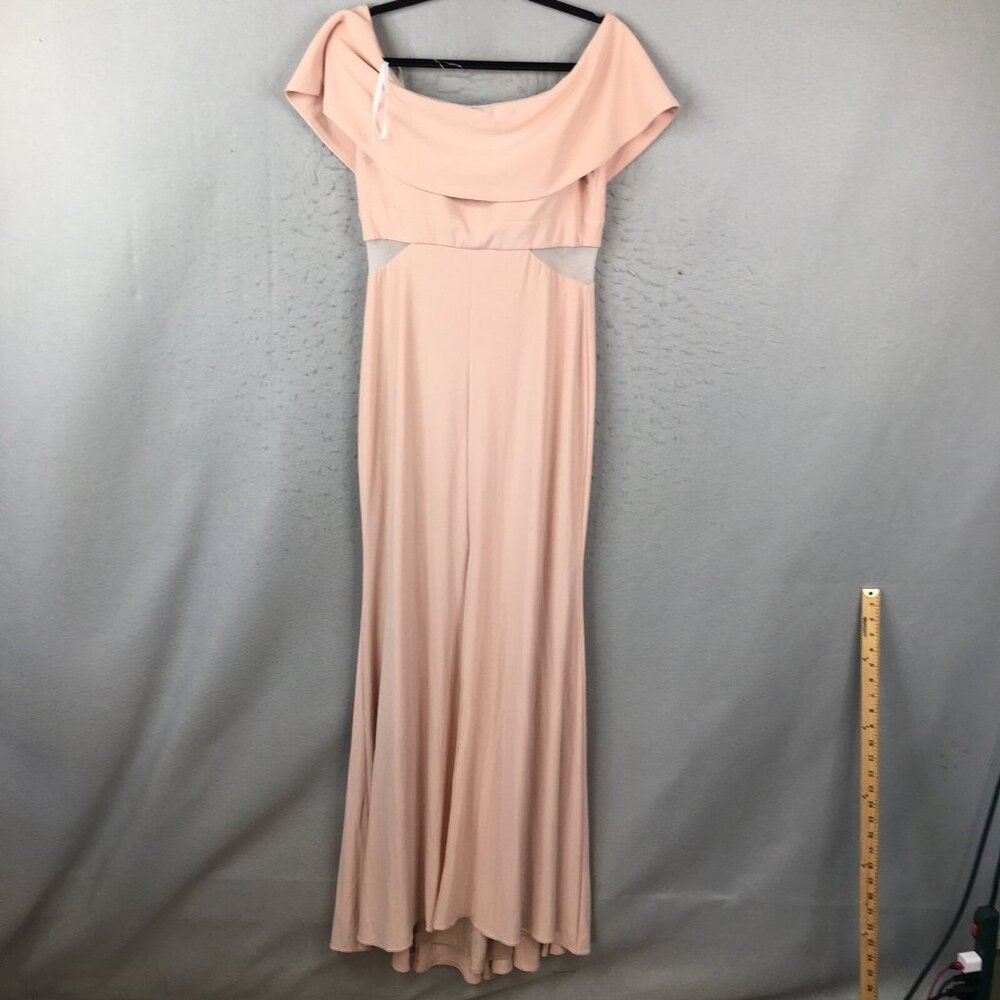 Xscape Blush Pink Off-Shoulder Long Sleeve Evening Gown
